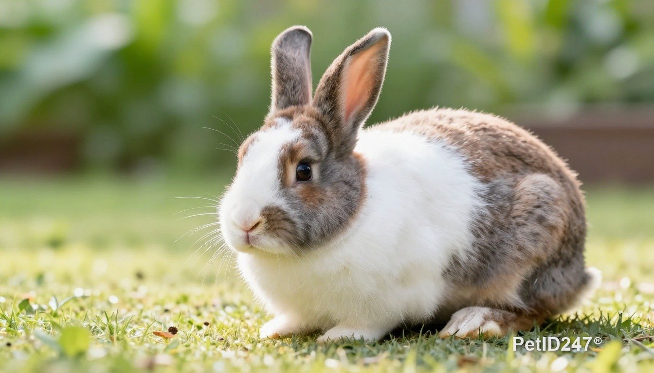 Spotted rabbit in a spacious enclosure, morning light