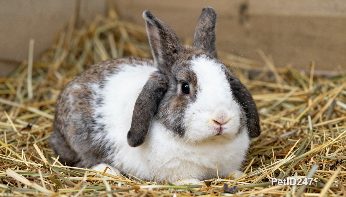 Holland lop rabbit resting on hay
