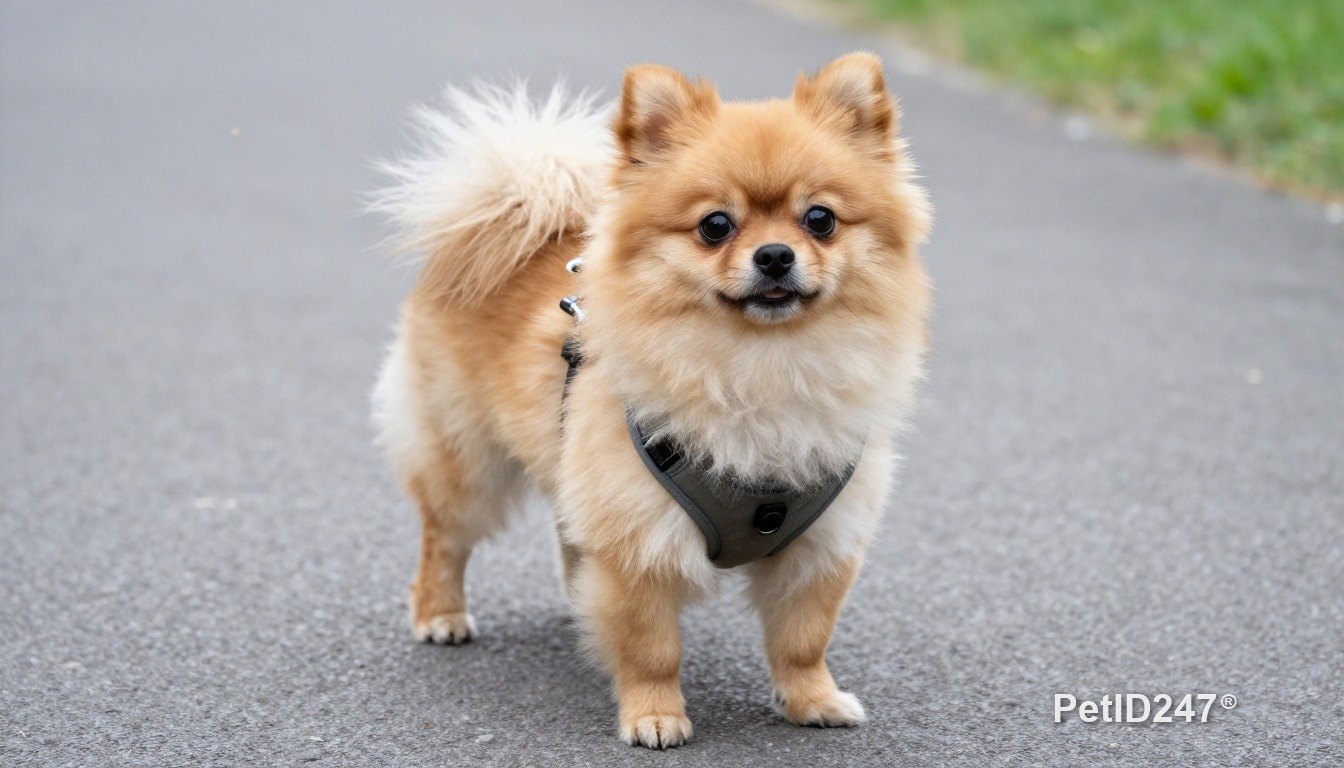 Pomeranian out for a walk in a harness