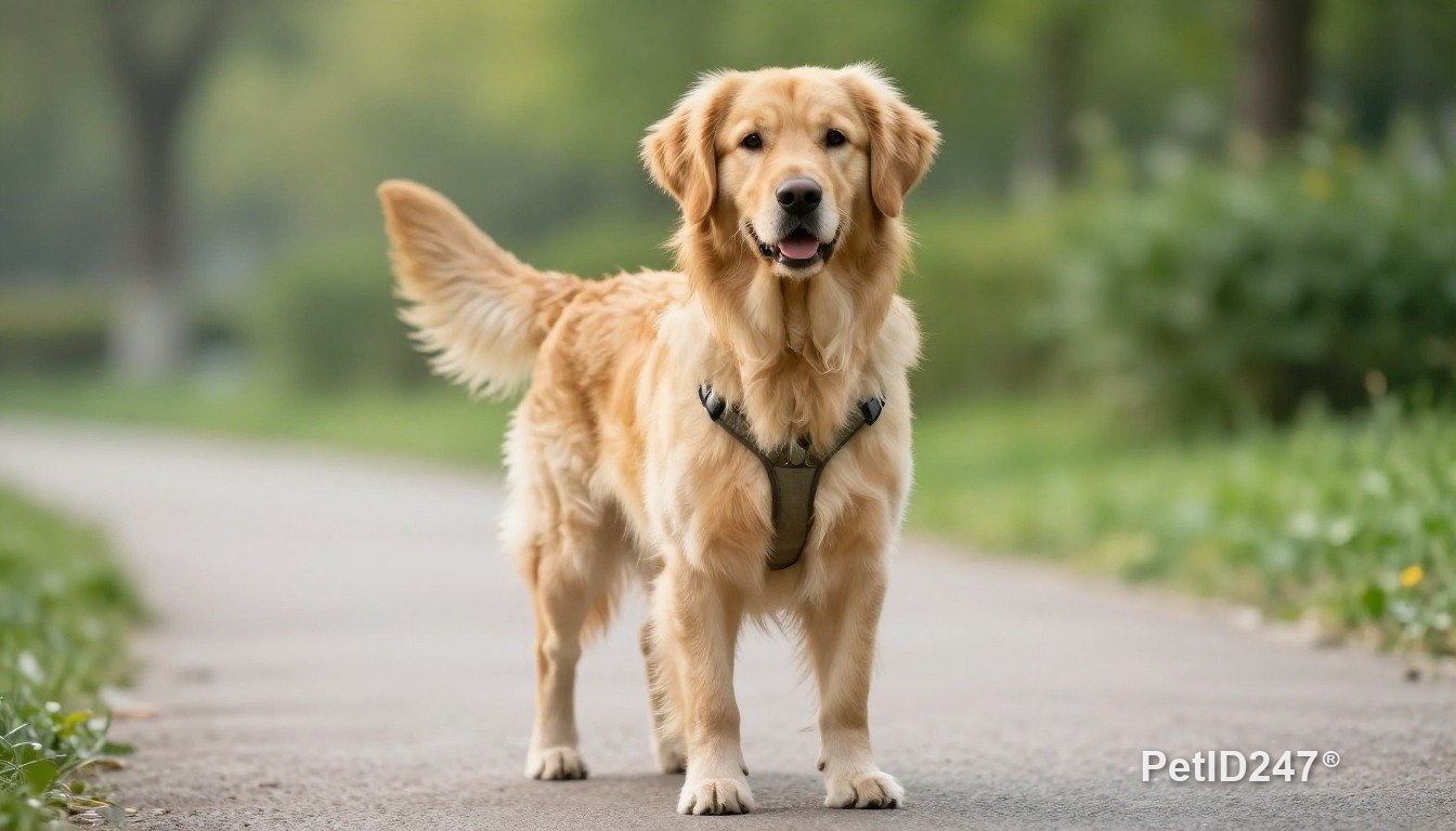 Golden retriever out for a walk in a harness, morning light