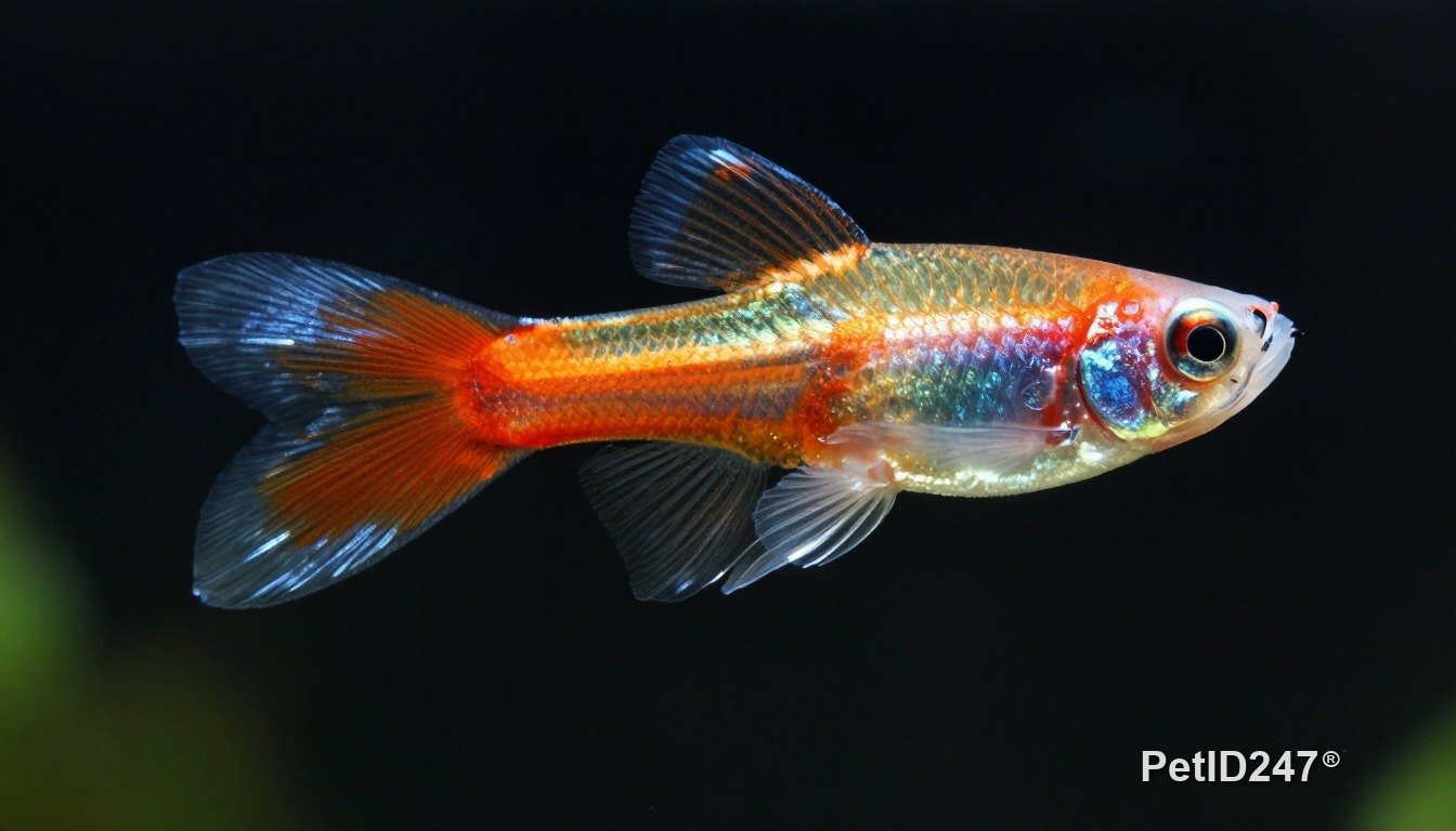 Guppy in a planted aquarium, dark background