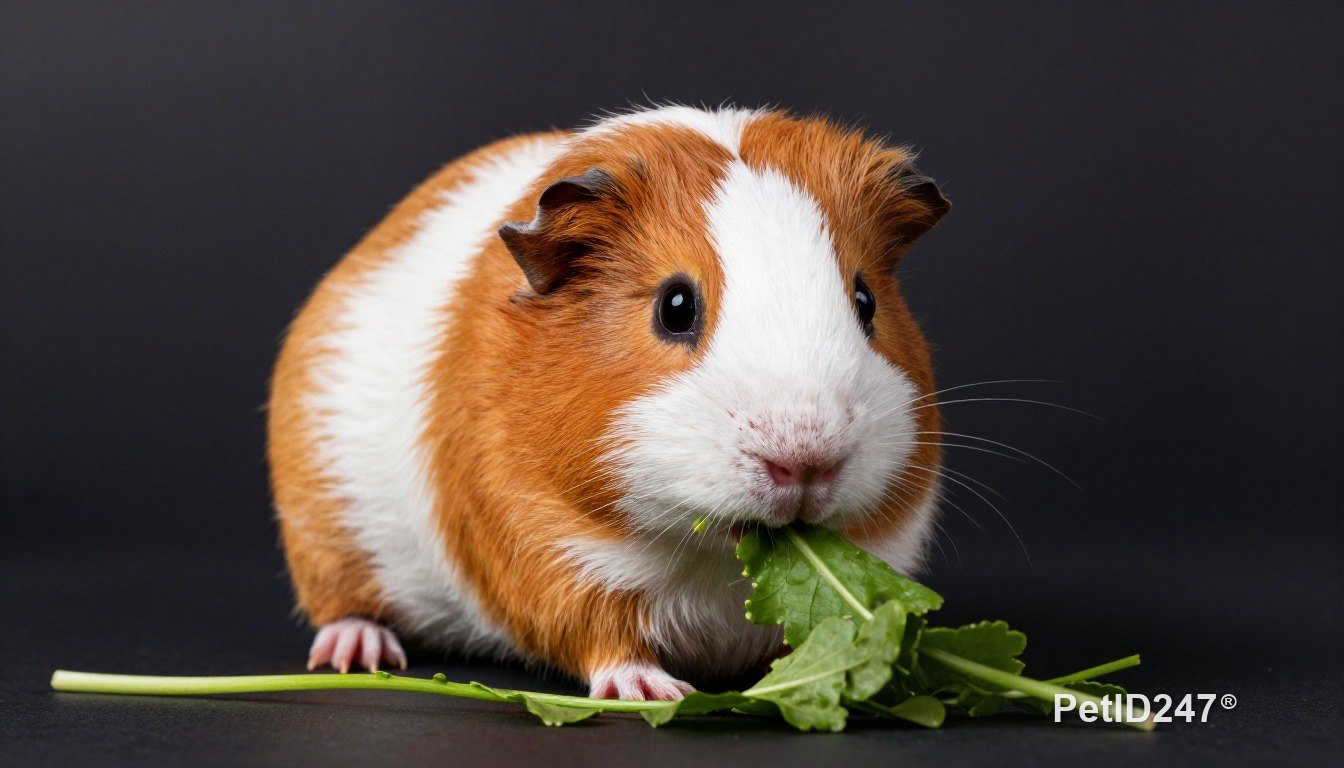 Guinea pig eating fresh greens, dark background