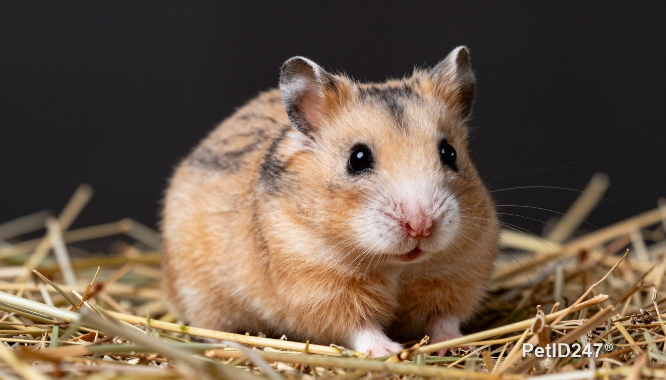 Syrian hamster resting on hay, dark background