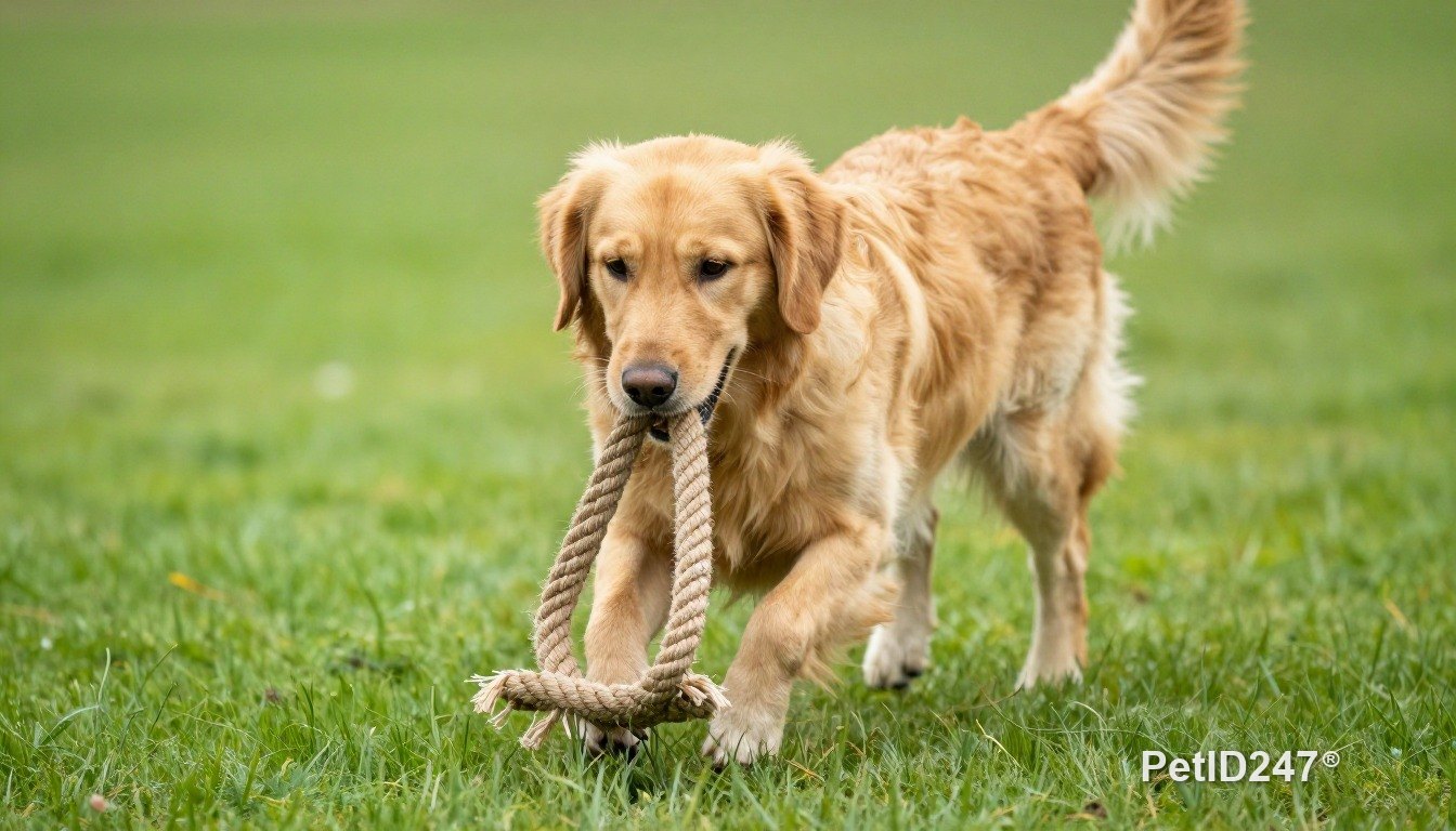 Golden retriever playing with a rope toy