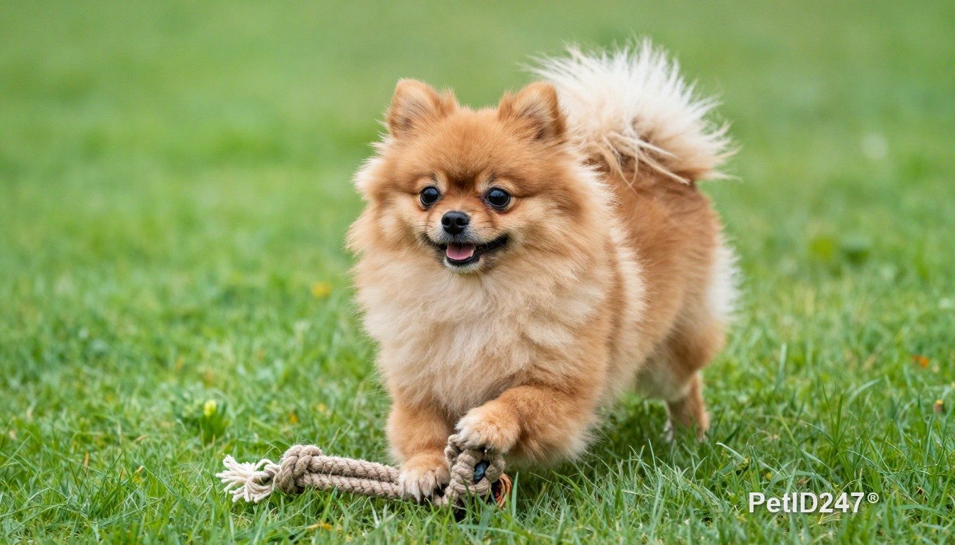 Pomeranian playing with a rope toy