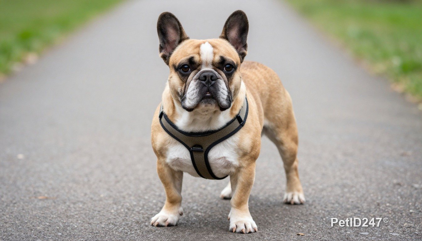 French bulldog out for a walk in a harness