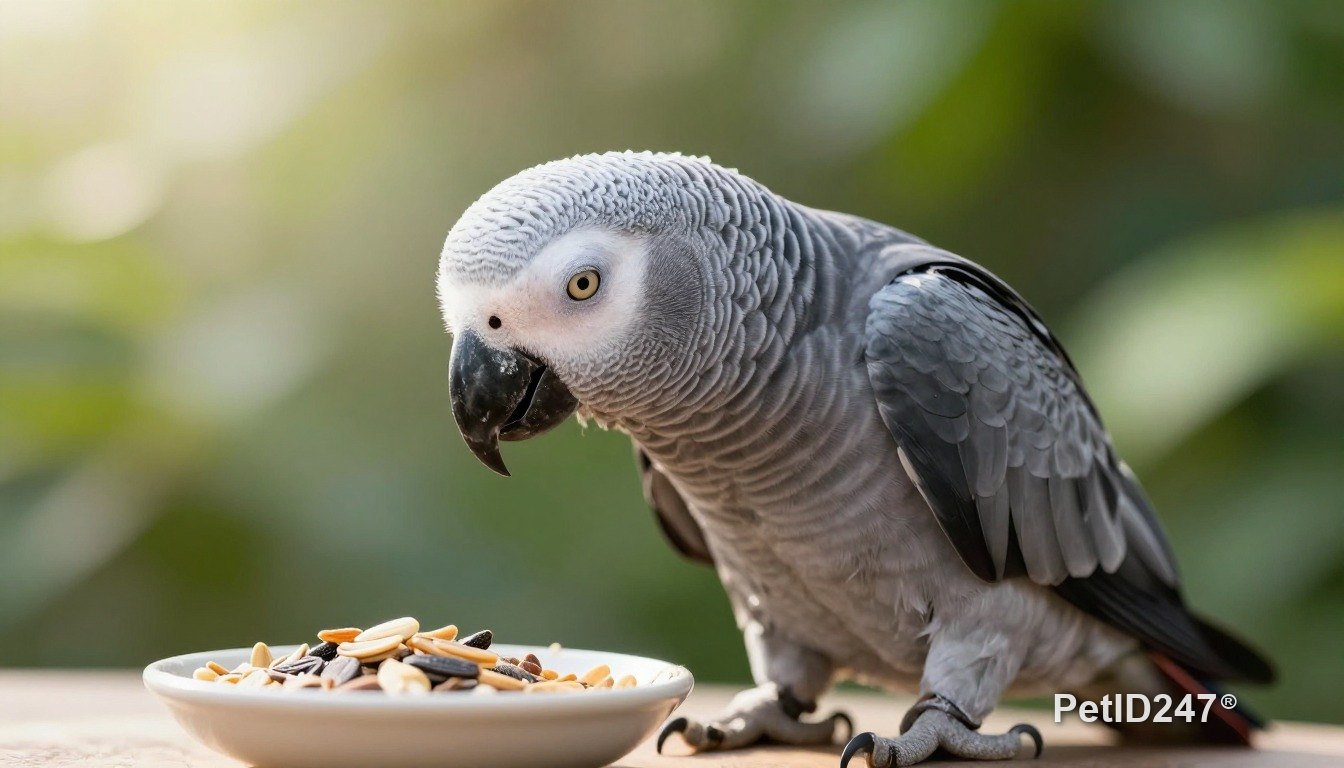 African grey parrot eating seeds, morning light