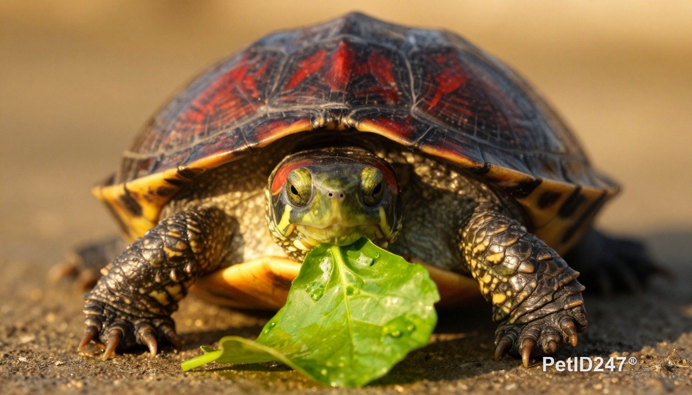 Red-eared slider eating, golden hour