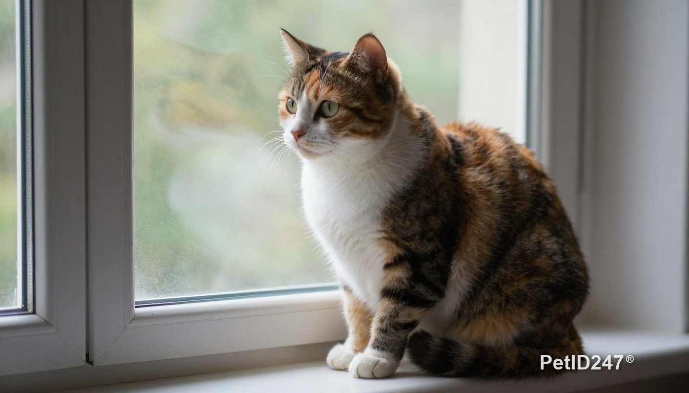 Calico cat sitting by the window