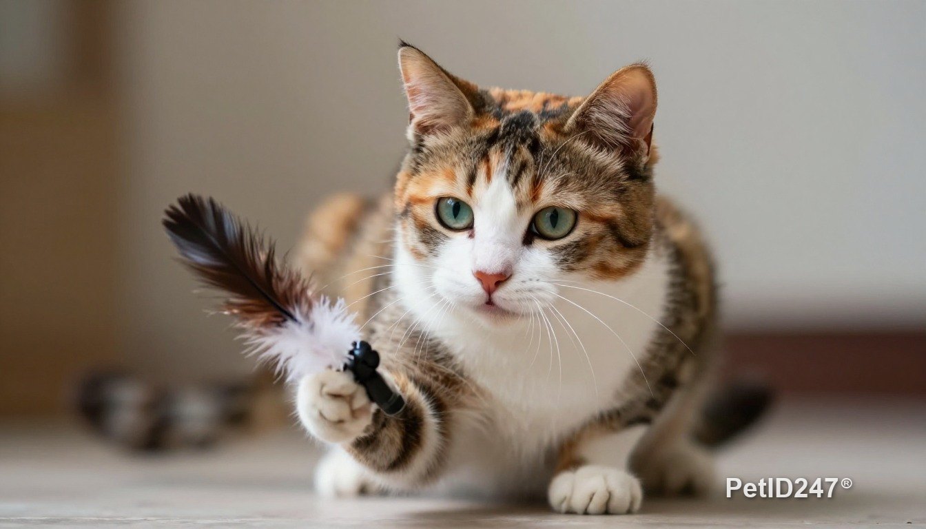 Calico cat playing with a feather toy