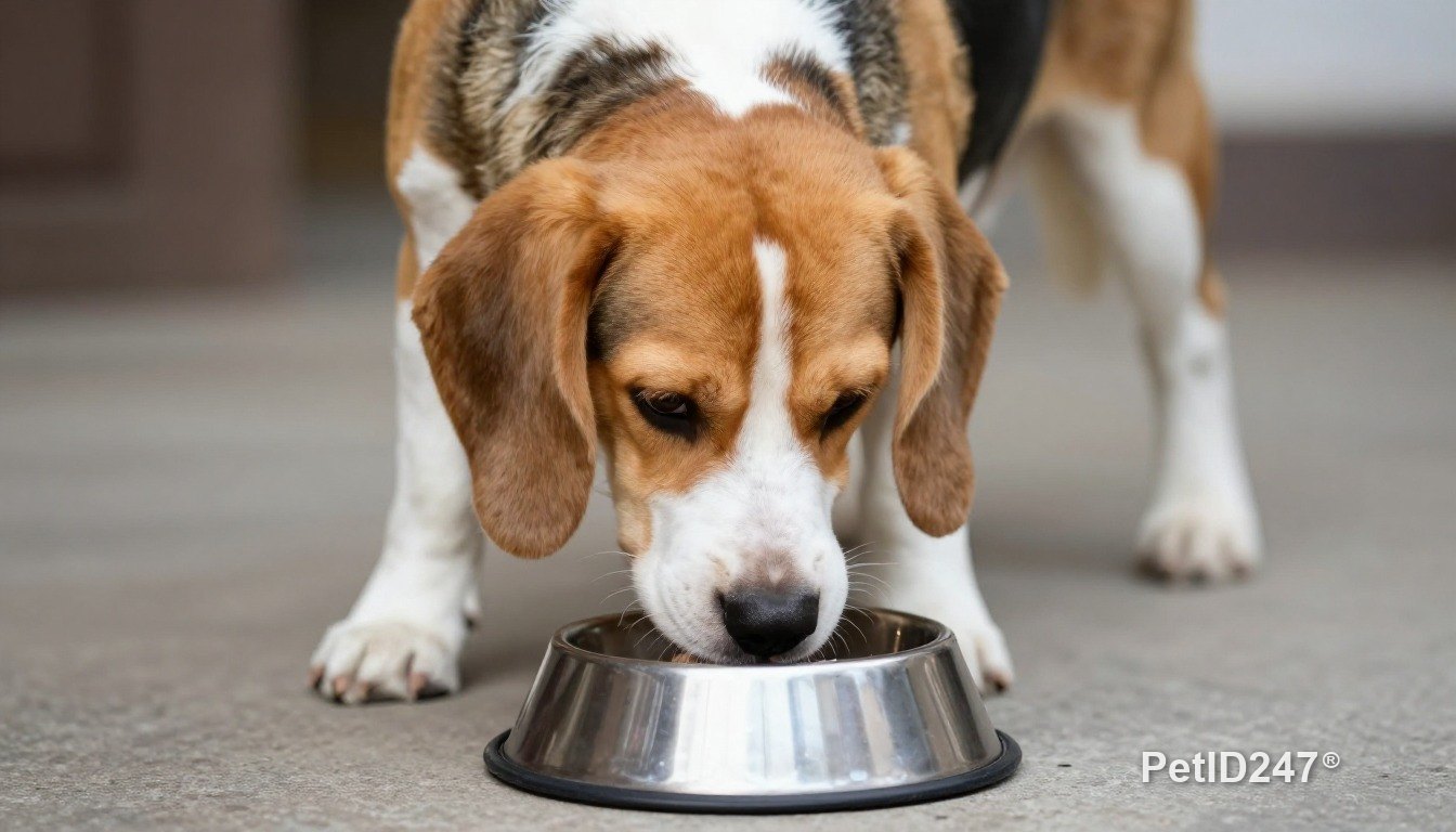 Beagle eating from a bowl