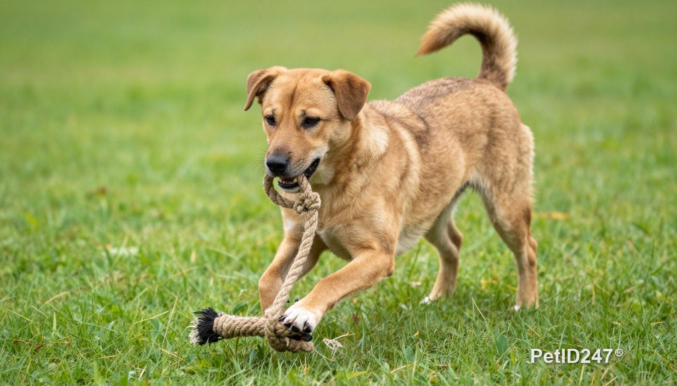 Mixed-breed dog playing with a rope toy
