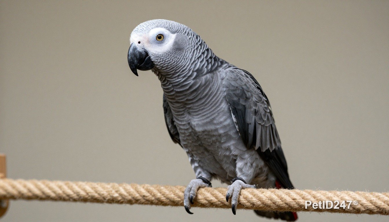 African grey parrot playing on a rope perch