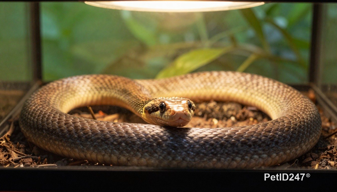Corn snake basking under a lamp, morning light