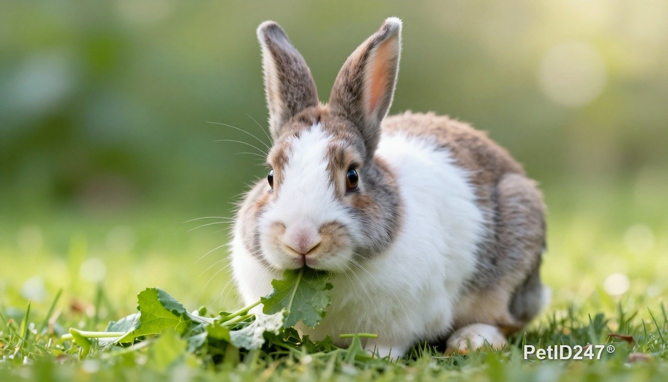 Spotted rabbit eating fresh greens, morning light