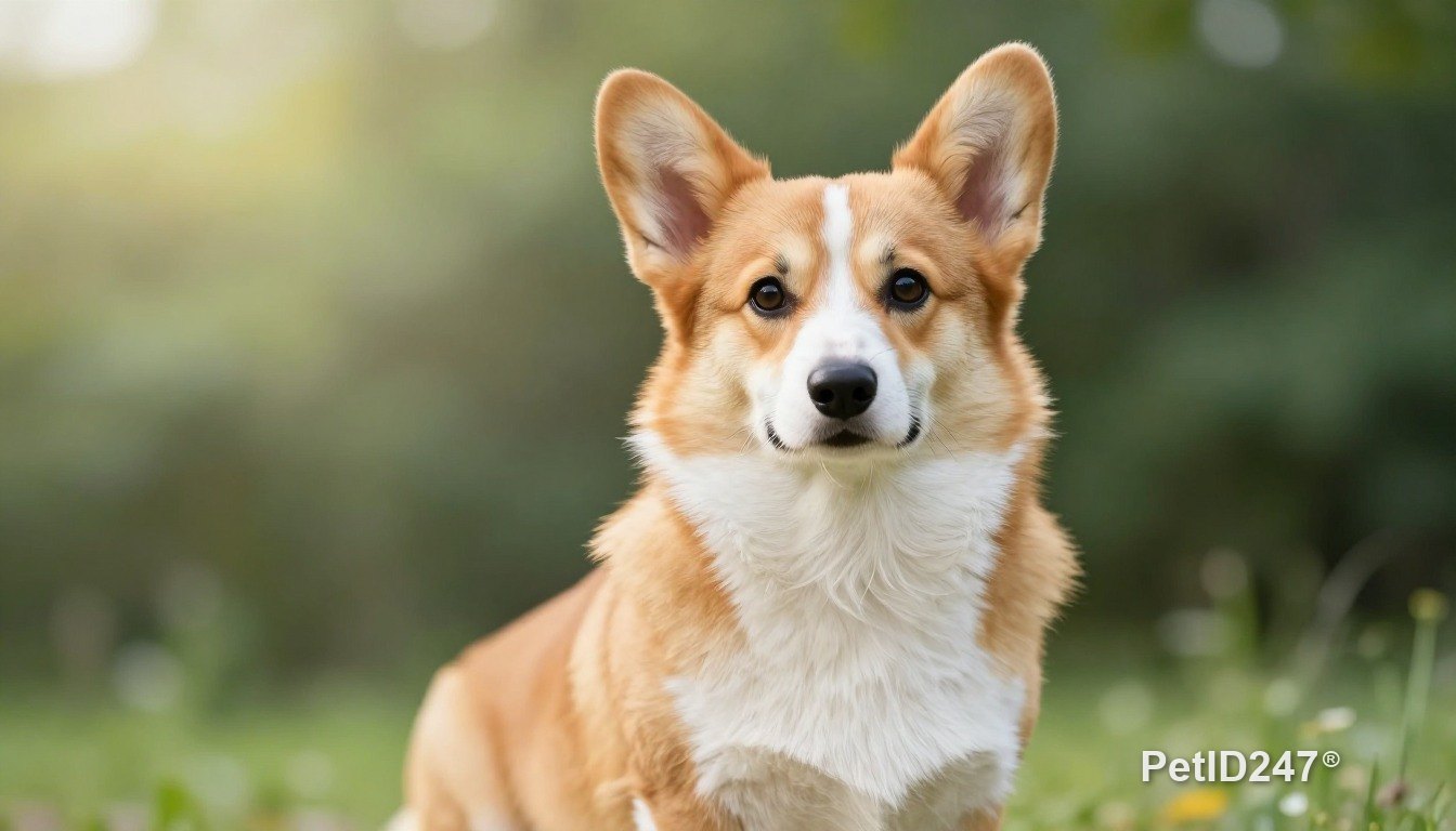 Corgi sitting, looking at the camera, morning light