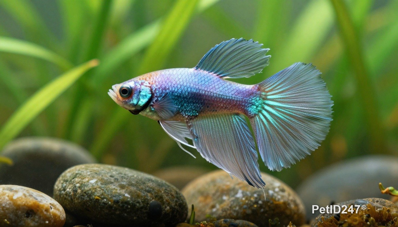 Cá betta bên cây thuỷ sinh, nắng sớm