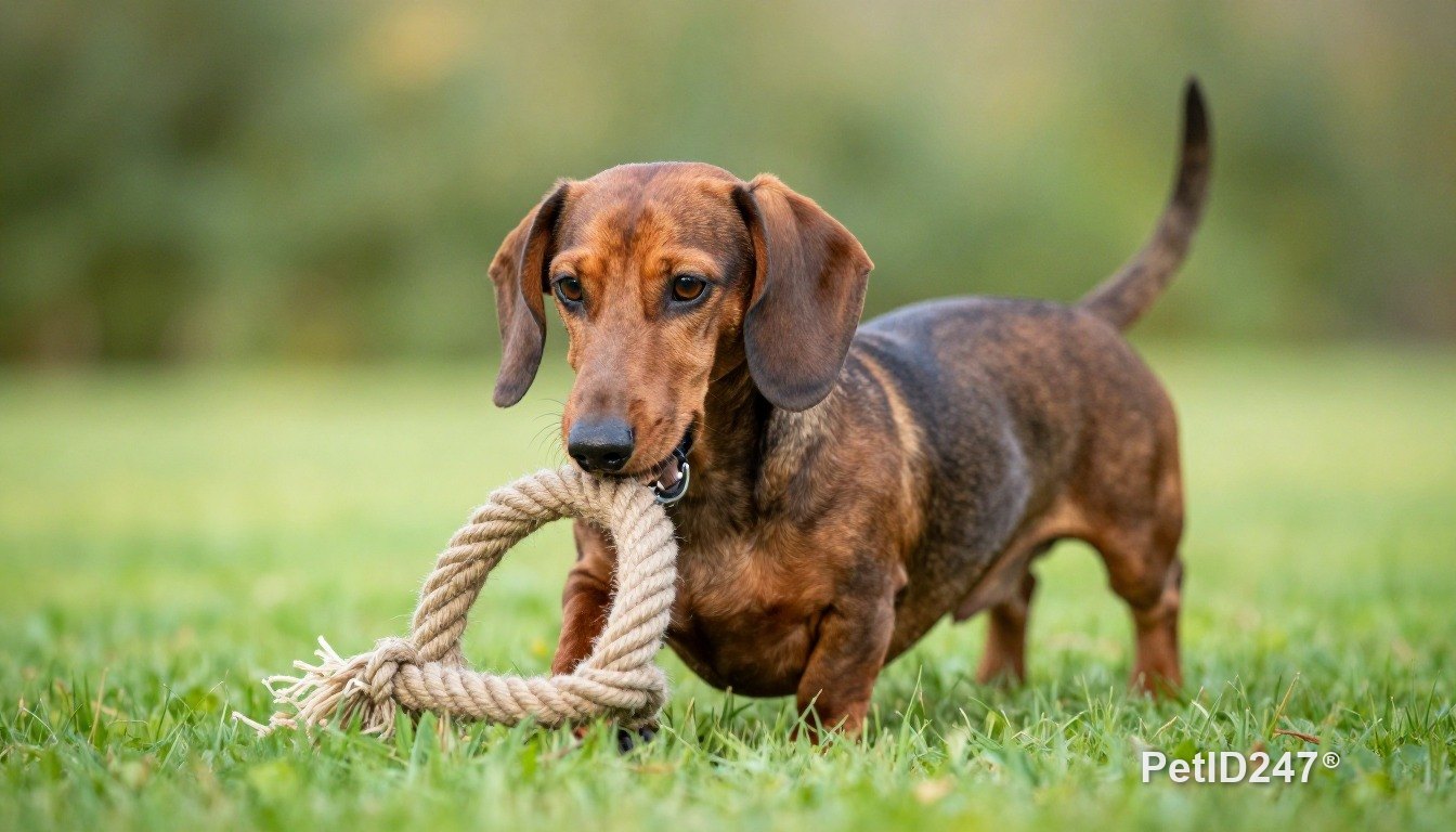 Dachshund playing with a rope toy, morning light
