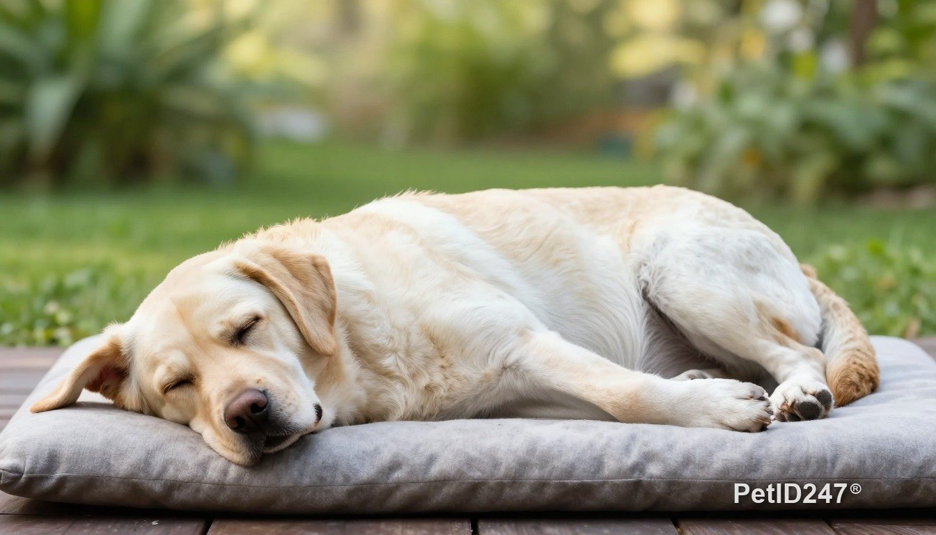 Chó labrador ngủ trên nệm, nắng sớm