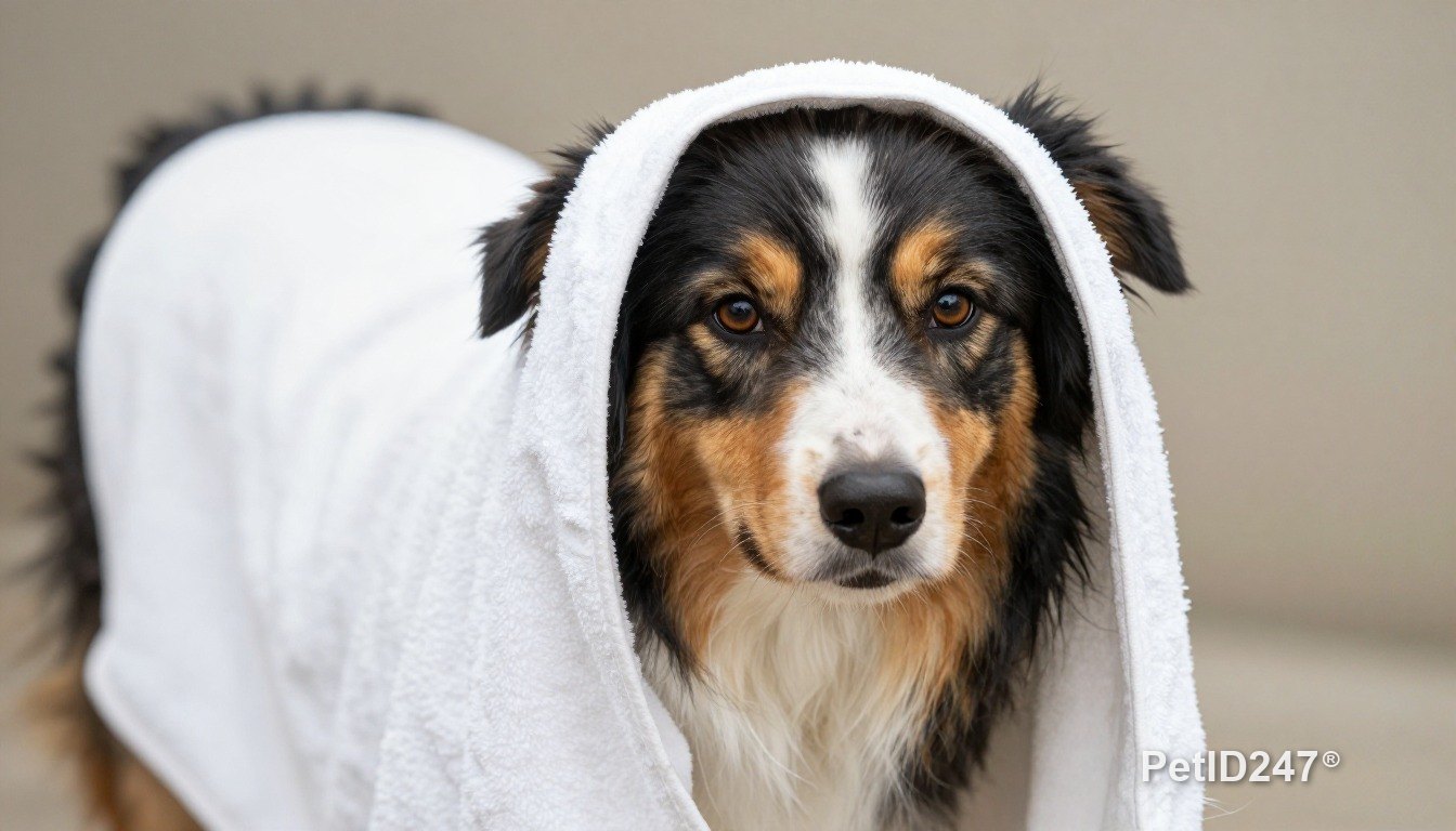 Border collie in a towel after a bath