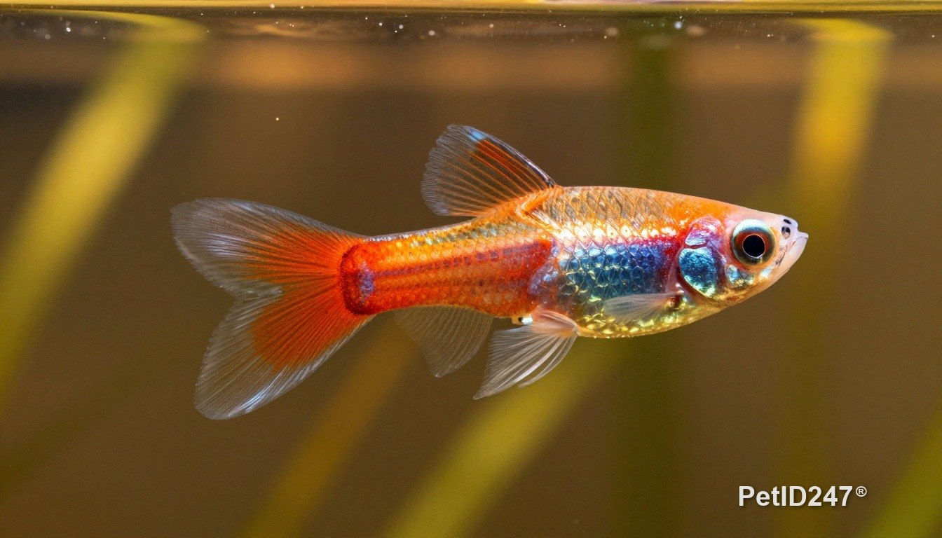 Guppy in a planted aquarium, golden hour