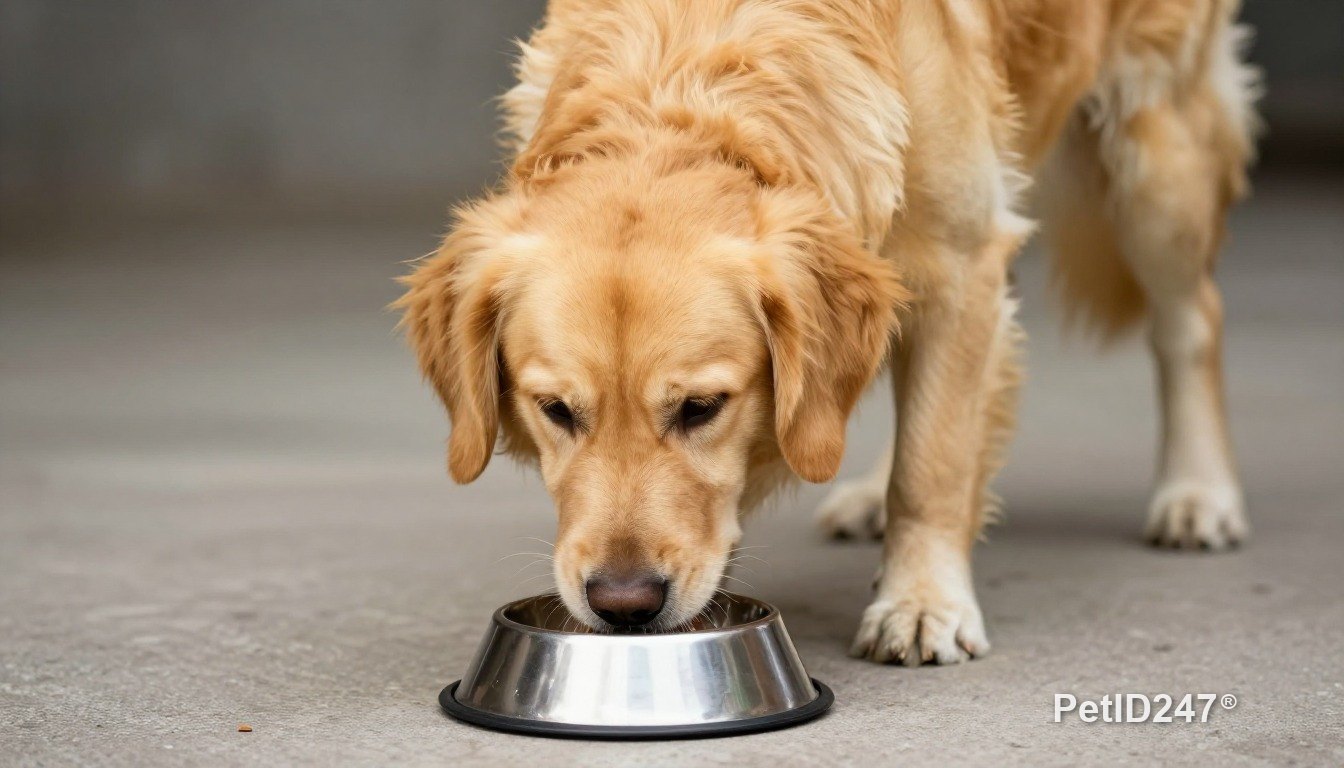 Golden retriever eating from a bowl