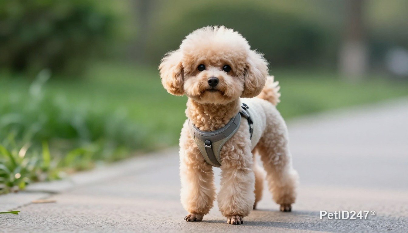 Chó poodle đeo yếm đi dạo, nắng sớm