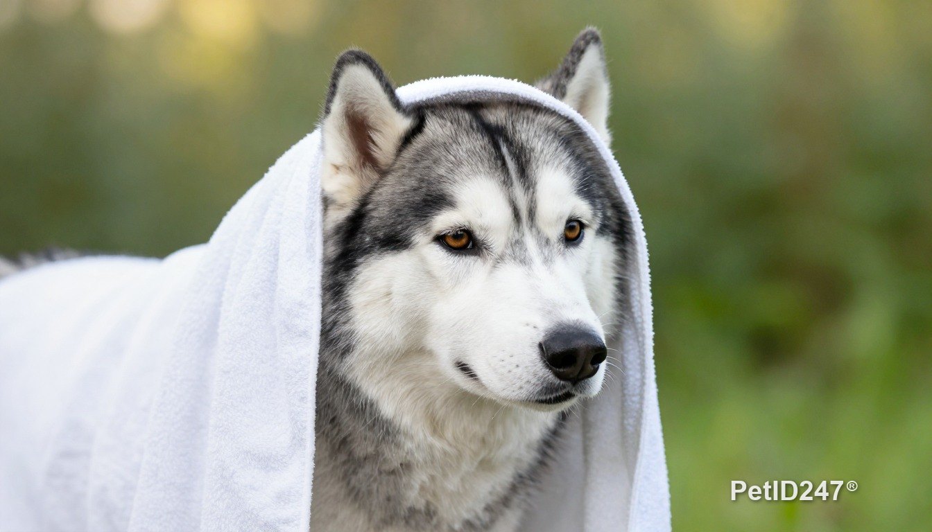 Chó husky quấn khăn sau khi tắm, nắng sớm