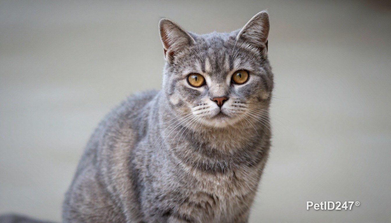 Grey tabby cat sitting, looking at the camera