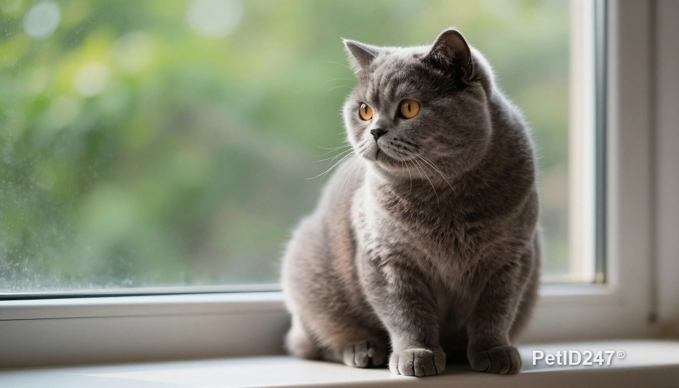 British shorthair sitting by the window, morning light