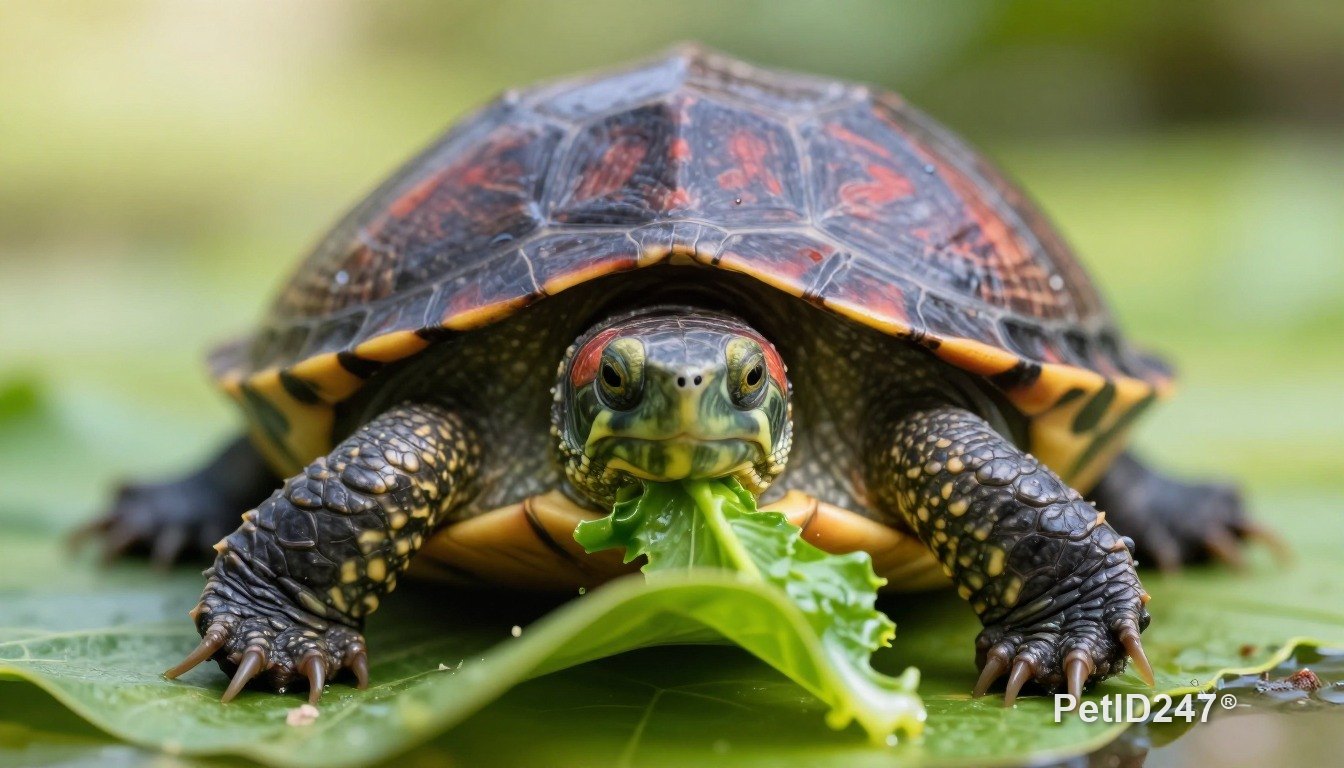 Red-eared slider eating, morning light