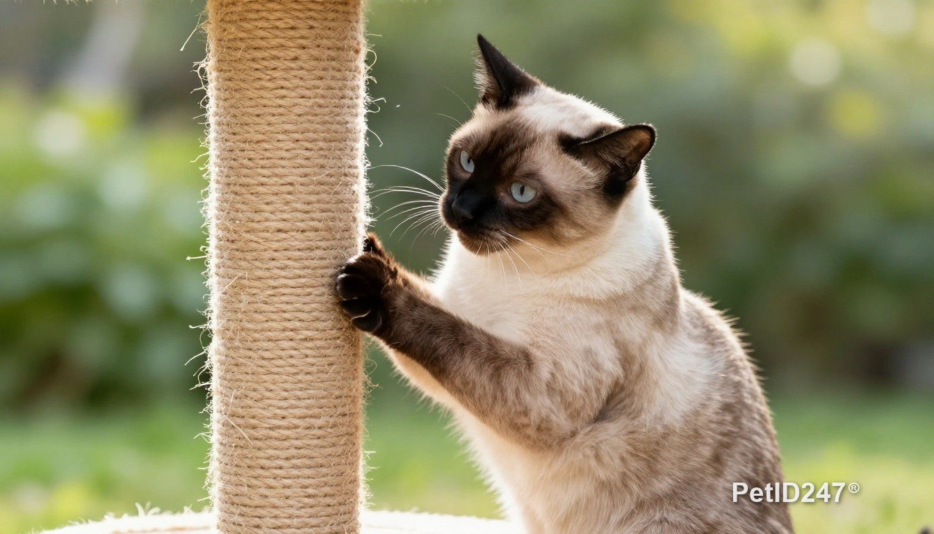 Siamese cat using a scratching post, morning light