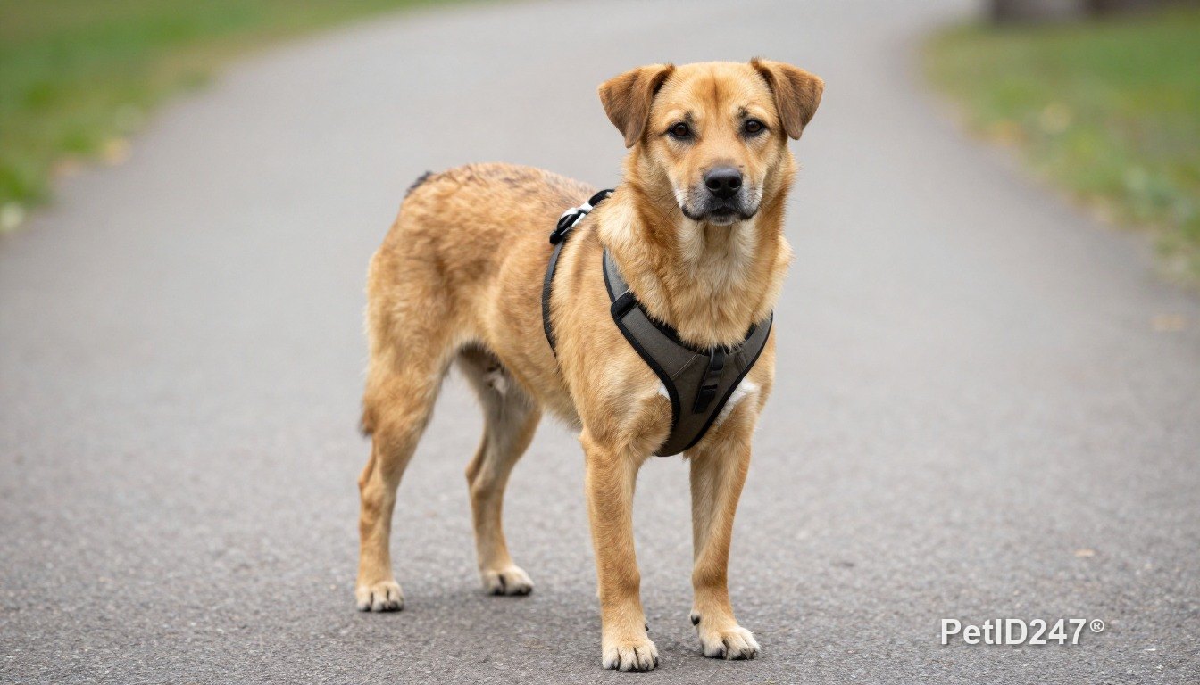 Mixed-breed dog out for a walk in a harness