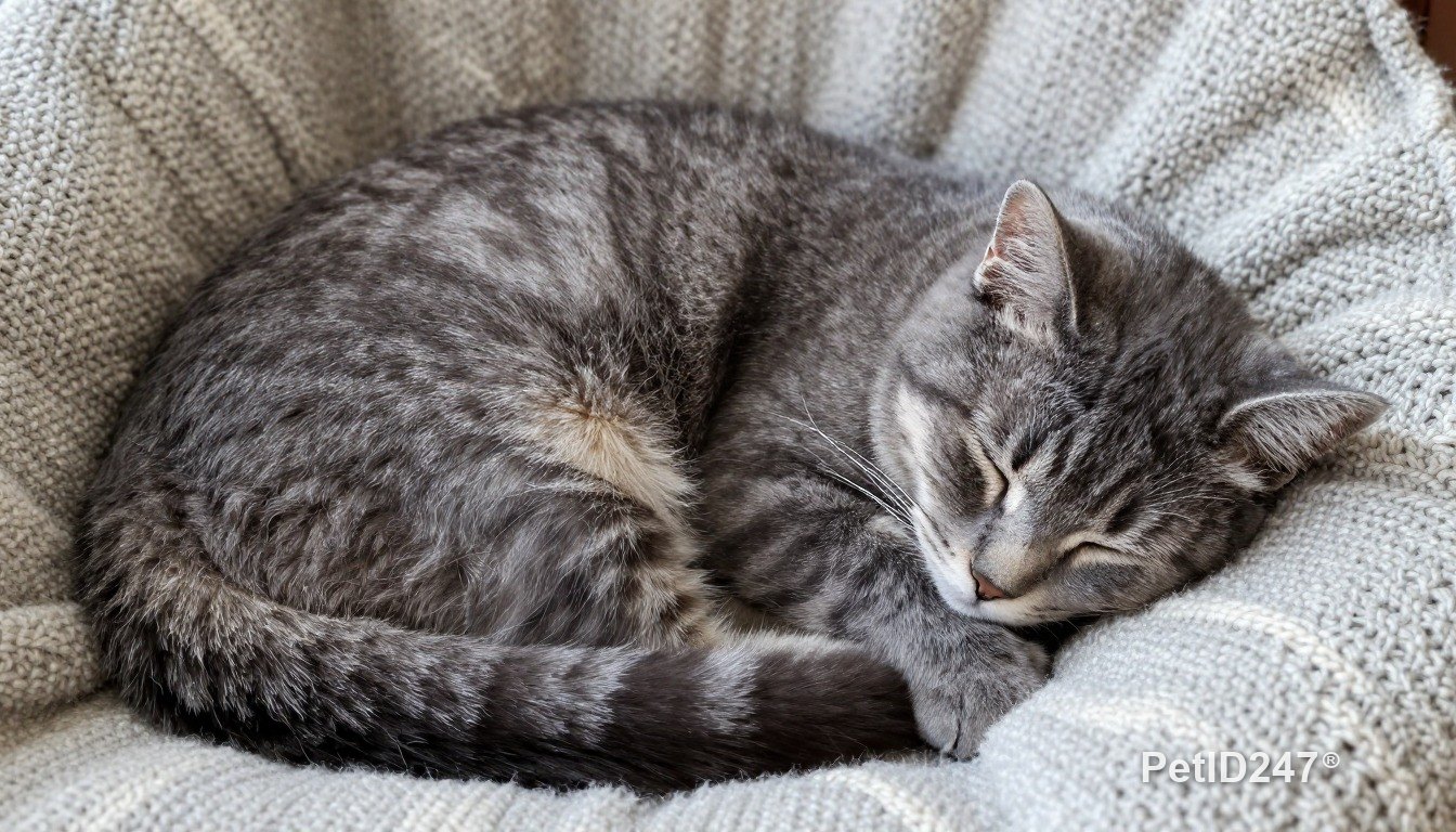 Grey tabby cat curled up asleep