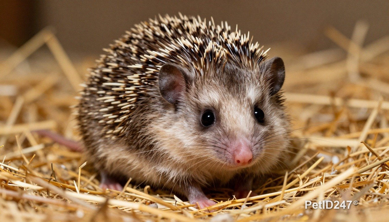 Pygmy hedgehog resting on hay