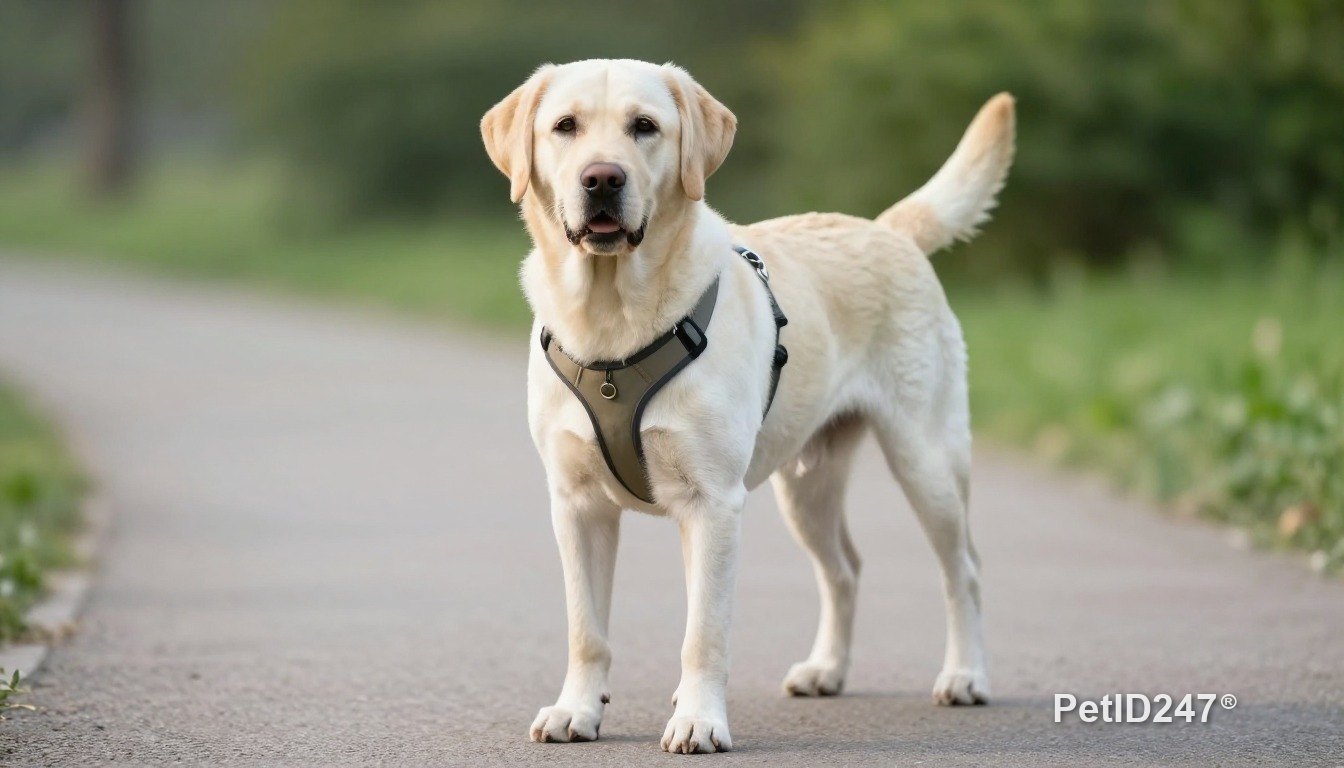 Chó labrador đeo yếm đi dạo, nắng sớm