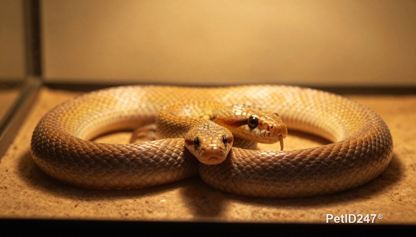 Corn snake basking under a lamp, golden hour