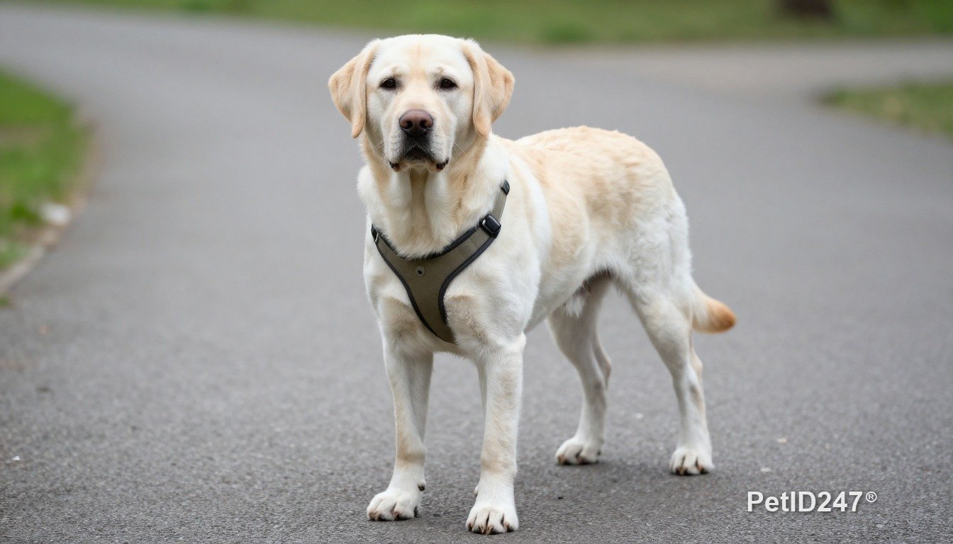 Labrador retriever out for a walk in a harness