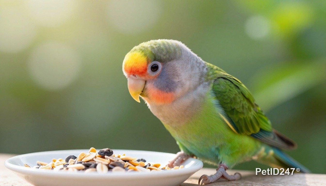Vẹt lovebird ăn hạt, nắng sớm