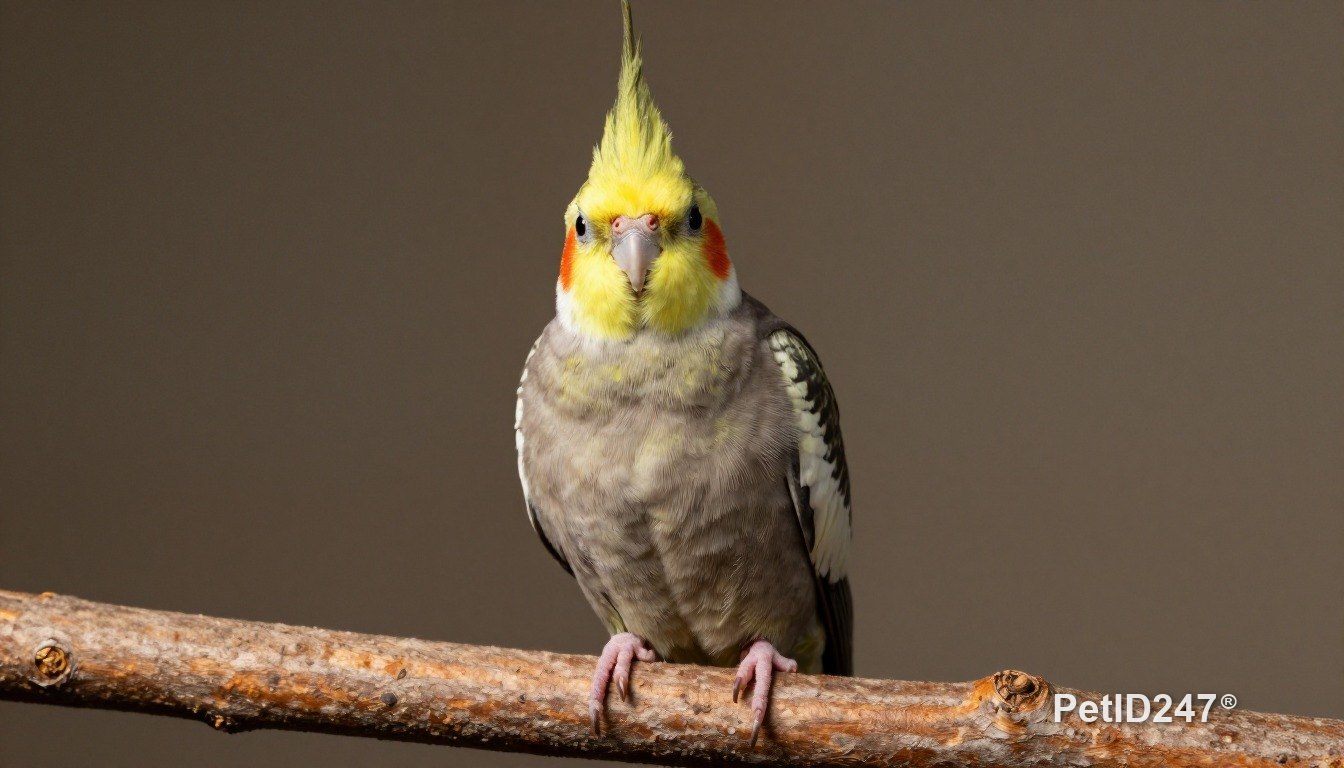 Cockatiel perched on a branch, dark background