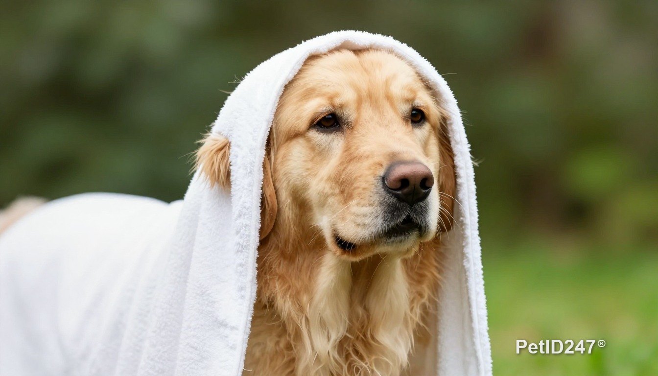 Golden retriever in a towel after a bath, morning light