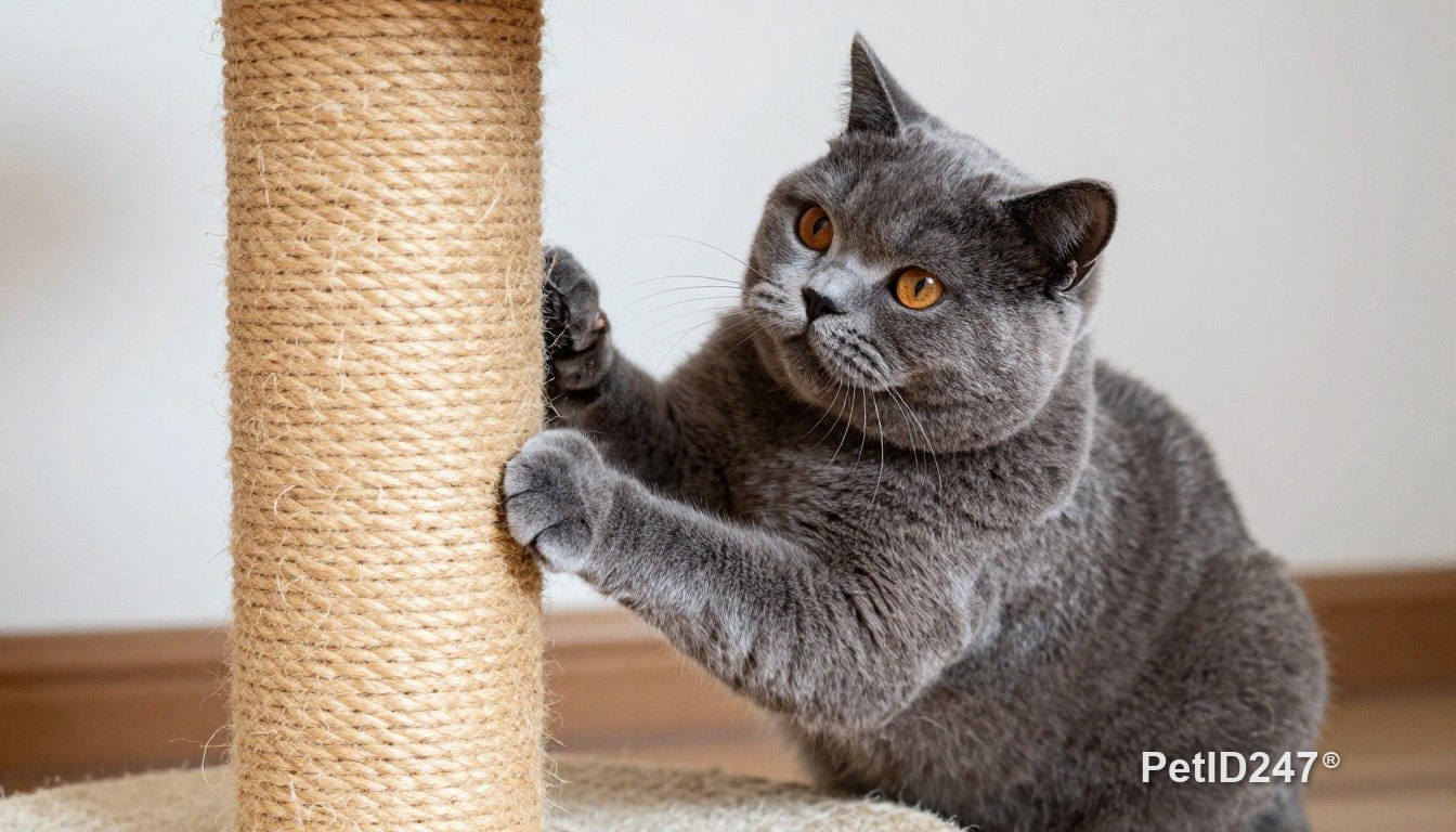 British shorthair using a scratching post