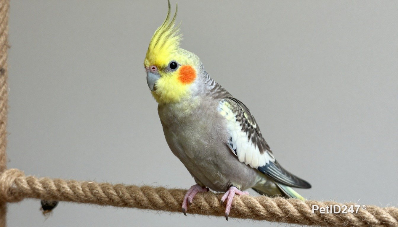 Cockatiel playing on a rope perch