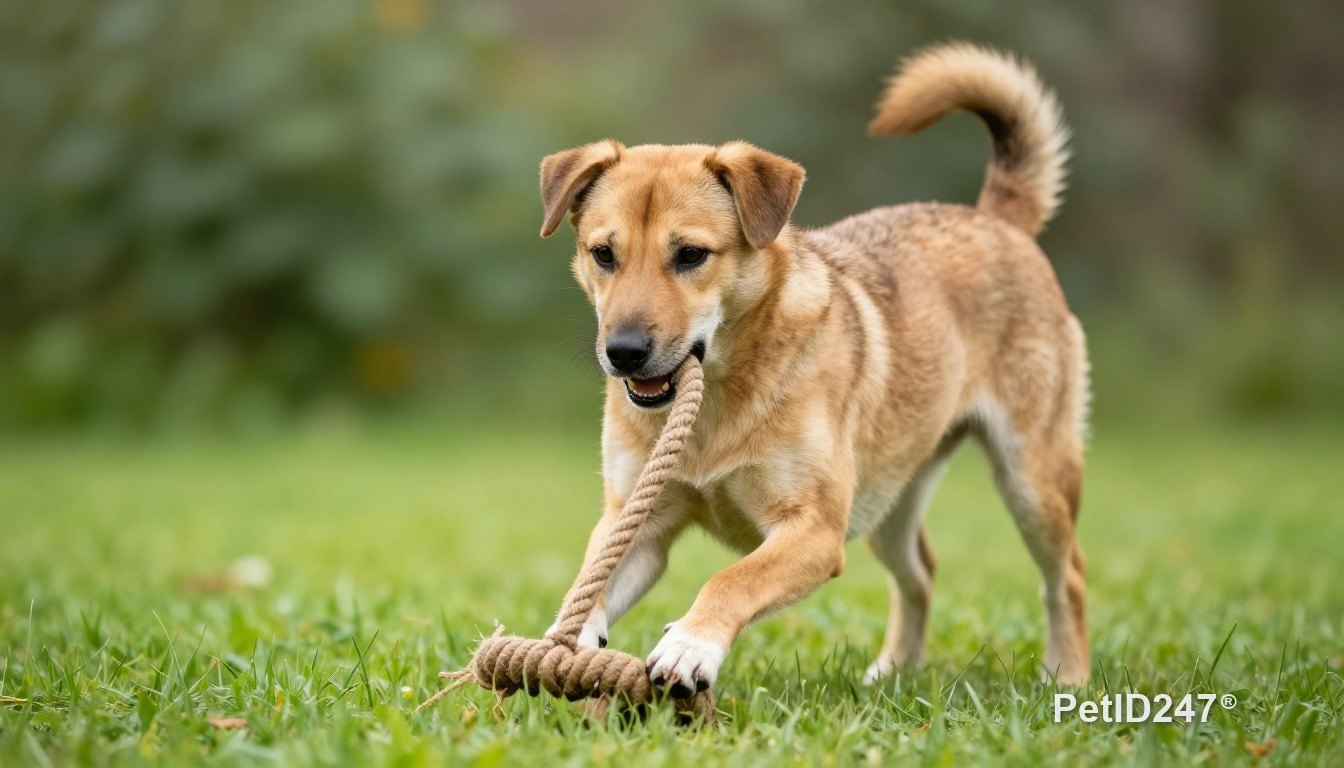 Mixed-breed dog playing with a rope toy, morning light