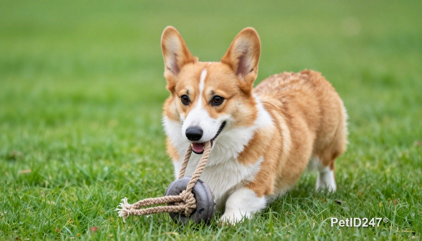 Corgi playing with a rope toy