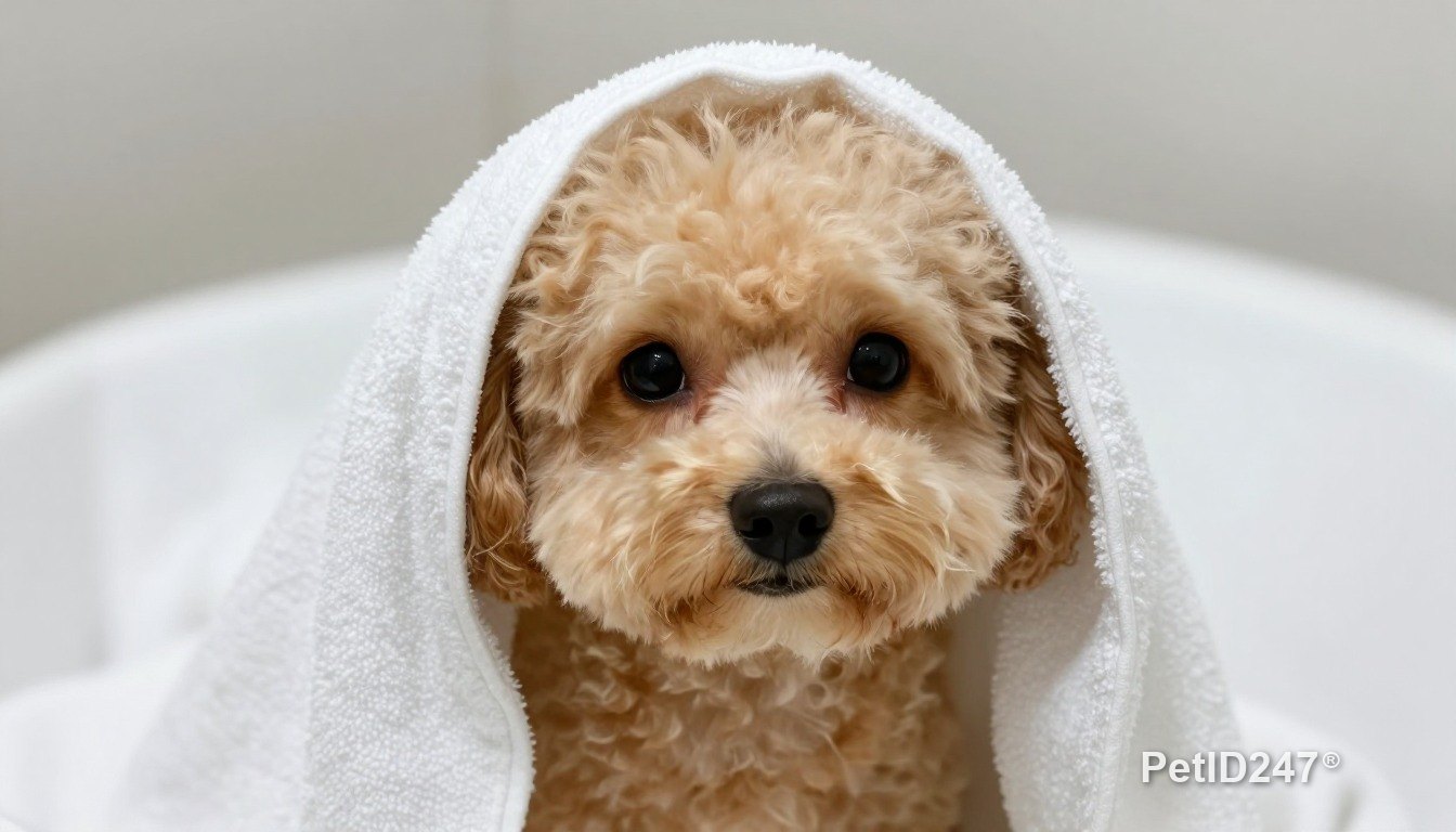 Chó poodle quấn khăn sau khi tắm