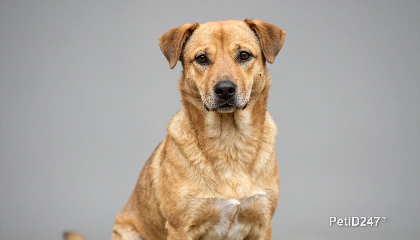 Mixed-breed dog sitting, looking at the camera