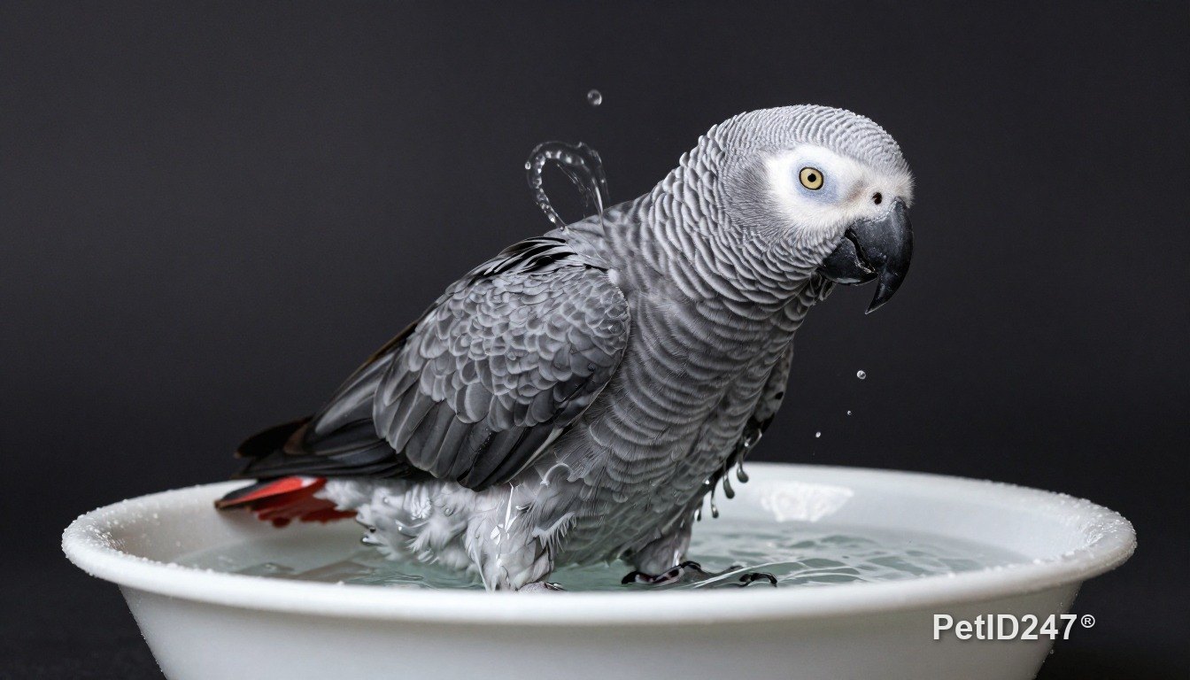 African grey parrot bathing, dark background