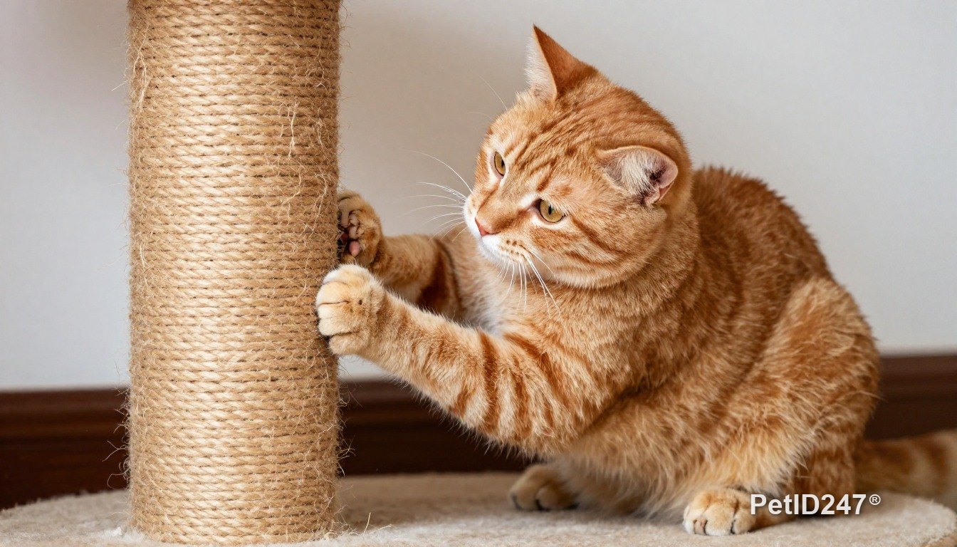 Orange tabby cat using a scratching post