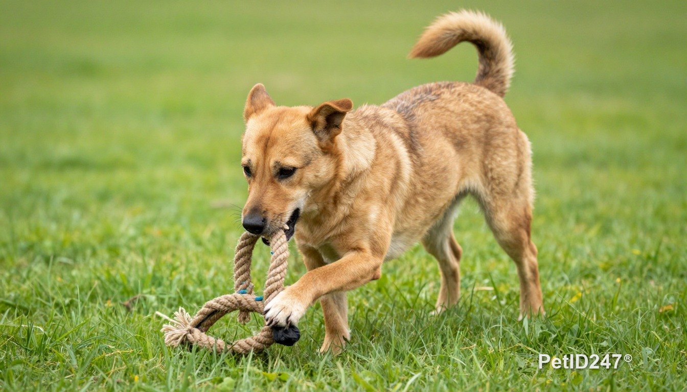 Mixed-breed dog playing with a rope toy